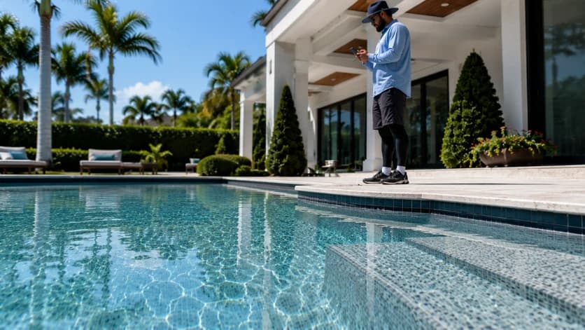 Clear residential pool beside a South Florida home